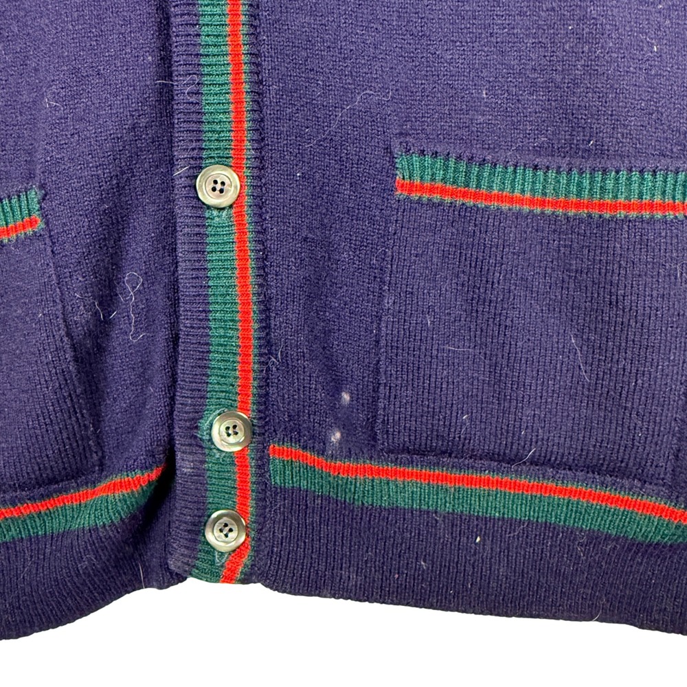 Windsor House Mens Navy Blue Wool Cardigan Sweater Striped Trim England XL - Picture 2 of 7